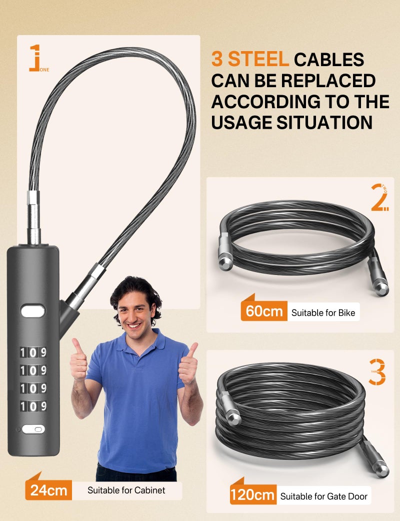 I-EASYDWW 4-Digit Combination Cable Lock with 3 Steel Cables (9"/24"/47") - Secure Reset Only with Current Code - for Bike, Luggage, Gate, Shed, Cabinet - Gun Grey, 1 Pack - Image 2