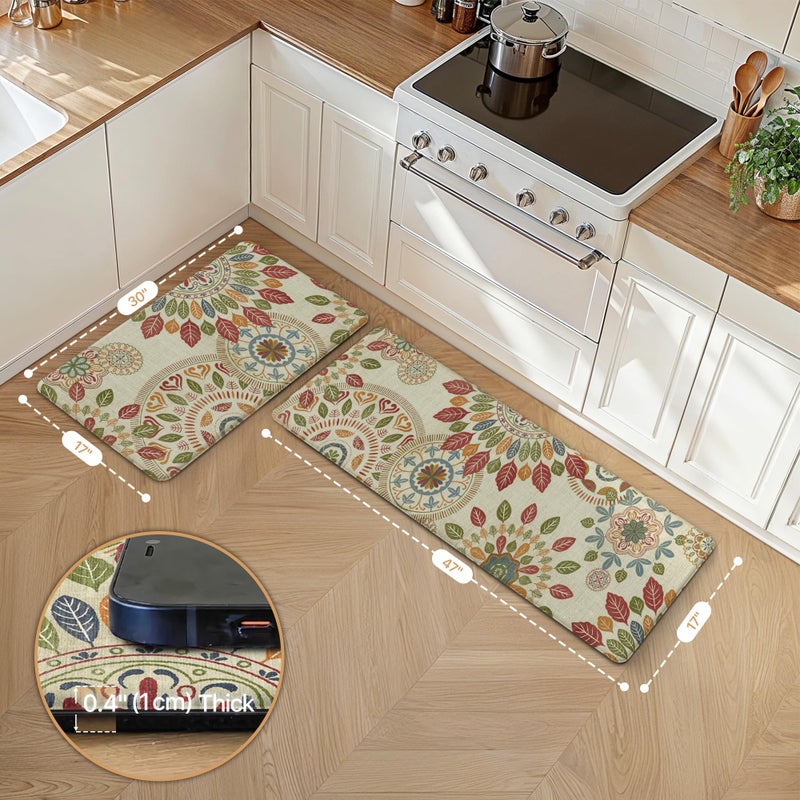 GENIMO Kitchen Mats for Floor 2PCS, Cushioned Kitchen Rugs Non Slip Washable, Farmhouse Anti Fatigue Mat Waterproof, Comfort Standing Mat Rug for Office, Home, Laundry, 17.3"x47"+17.3"x30", Beige&Red - Image 2