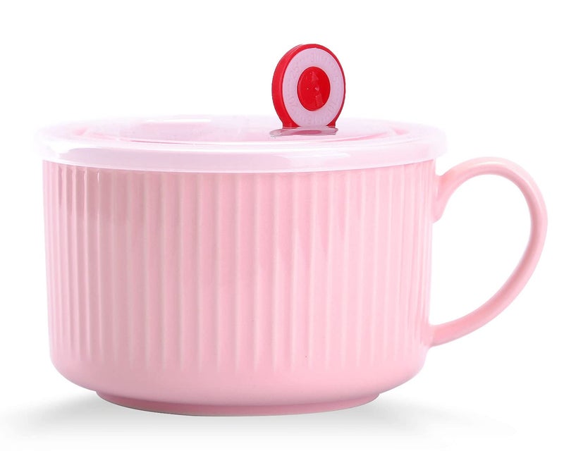 WHJY 30oz Ceramic Bowl with Lid and Handle for Soup and Instant Noodles Mug Modern Simple Style with Heat Preservation Handle  Pink
