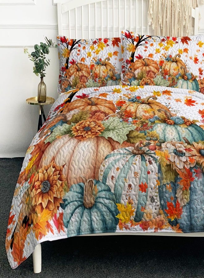 BlessLiving Fall Pattern Quilt Sets with 2 Pillowcases (Pumpkin Flower, King) - Image 1