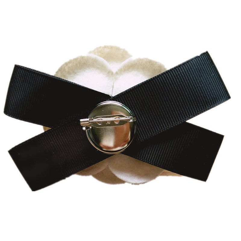 Mimimelon Elegant Wool Camellia Flower Brooch Vintage Bow Floral Pin Women Wedding Party Gift-Beige - Image 4