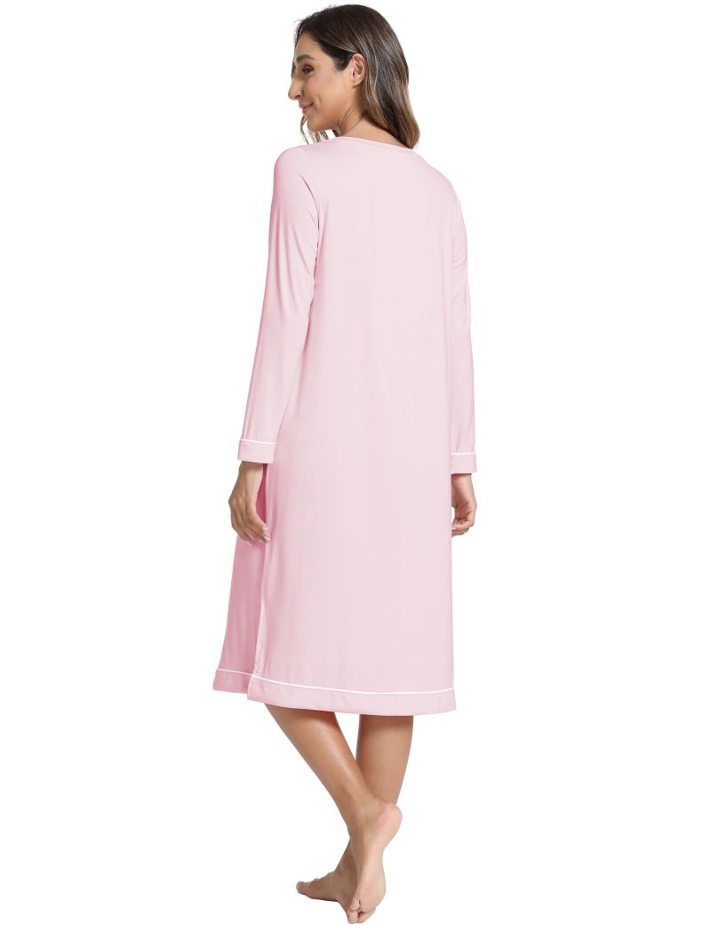GYS Bamboo Viscose Soft Women's Nightgowns Comfy Long Sleeve V Neck Sleep Dress, Pink, X-Large - Image 2
