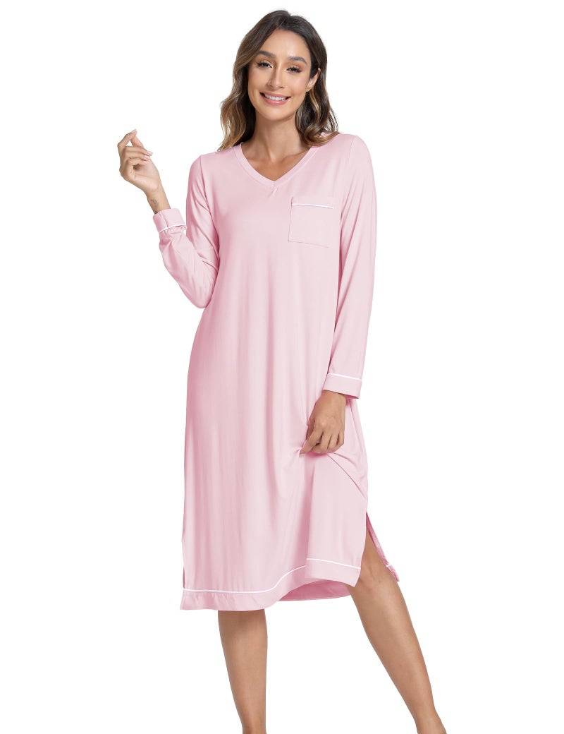 GYS Bamboo Viscose Soft Women's Nightgowns Comfy Long Sleeve V Neck Sleep Dress, Pink, X-Large - Image 1