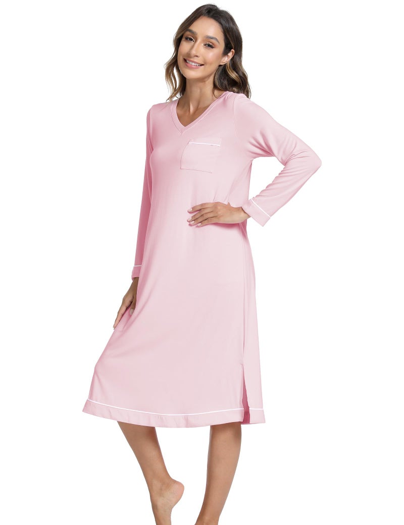 GYS Bamboo Viscose Soft Women's Nightgowns Comfy Long Sleeve V Neck Sleep Dress, Pink, X-Large - Image 3