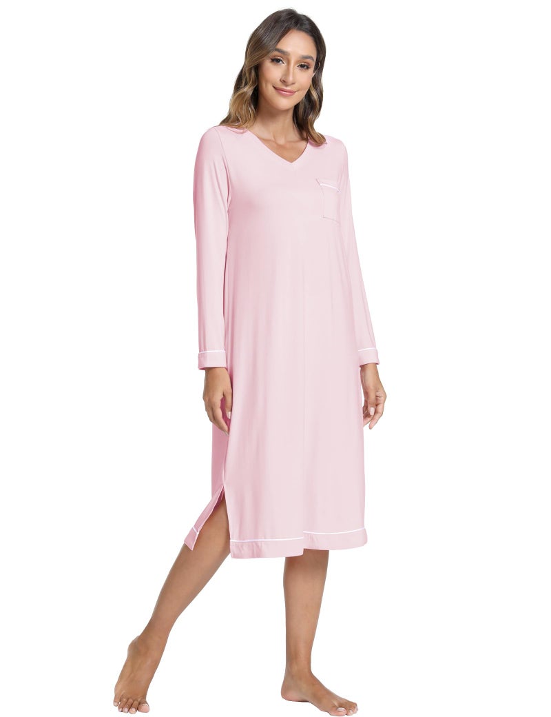 GYS Bamboo Viscose Soft Women's Nightgowns Comfy Long Sleeve V Neck Sleep Dress, Pink, X-Large - Image 4