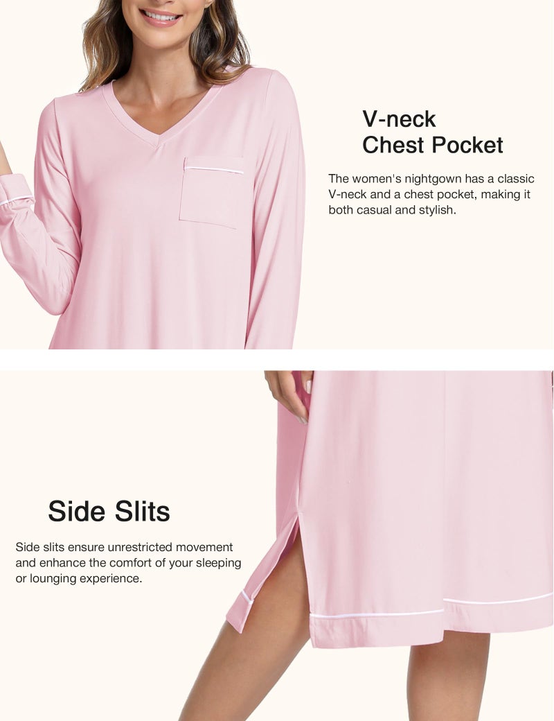 GYS Bamboo Viscose Soft Women's Nightgowns Comfy Long Sleeve V Neck Sleep Dress, Pink, X-Large - Image 5