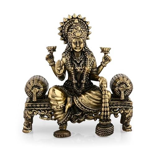 CraftVatika Brass Maa Lakshmi Devi Idol Statue Sitting on Throne - Laxmi Ji Ki Murti for Pooja Temple Room Diwali Gift & Home Décor Items (4 Inch Height) - Image 2