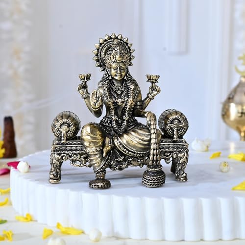 CraftVatika Brass Maa Lakshmi Devi Idol Statue Sitting on Throne - Laxmi Ji Ki Murti for Pooja Temple Room Diwali Gift & Home Décor Items (4 Inch Height) - Image 1