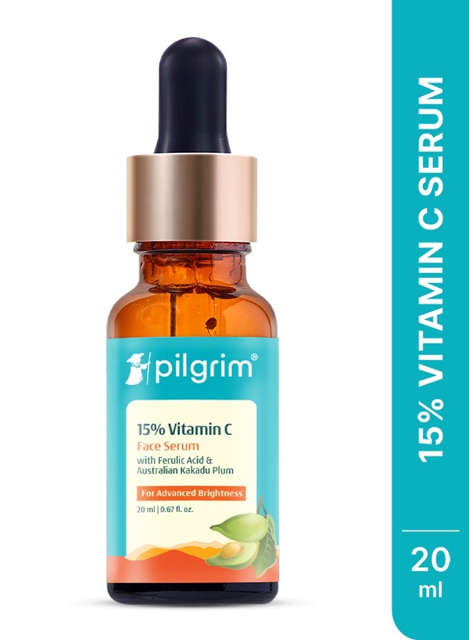 Pilgrim 15% Vitamin C Face Serum For Glowing Skin 20ml | Serum with Vit C, Ferulic acid, and Vit E | Reduces Dark Spots & Evens Skin Tone | Fragrance Free | For Men and Women | All Skin Types