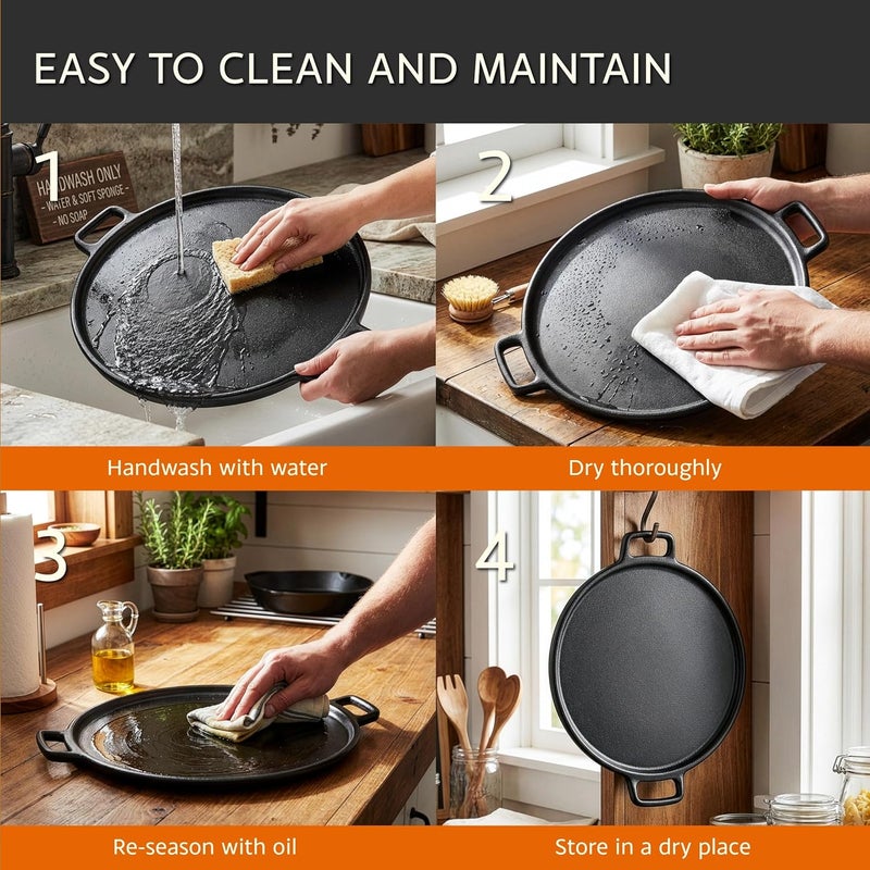 Home-Complete Cast Iron Pizza Pan-14” Skillet for Cooking, Baking, Grilling-Durable, Long Lasting, Even-Heating and Versatile Kitchen Cookware | Round Pizza Pan for Oven, Stovetop, Grill, or Campfires, Nonstick Griddle with Dual Handles - Image 4