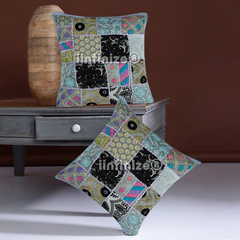 iinfinize 2 Pcs Traditional Patchwork Cushion Cover Hand Embroidery Vintage Cotton Bohemian Stylish Sofa Sham Decorative Indoor Outdoor Decor Pillow Case (24x24 Inch, Grey) - Image 1