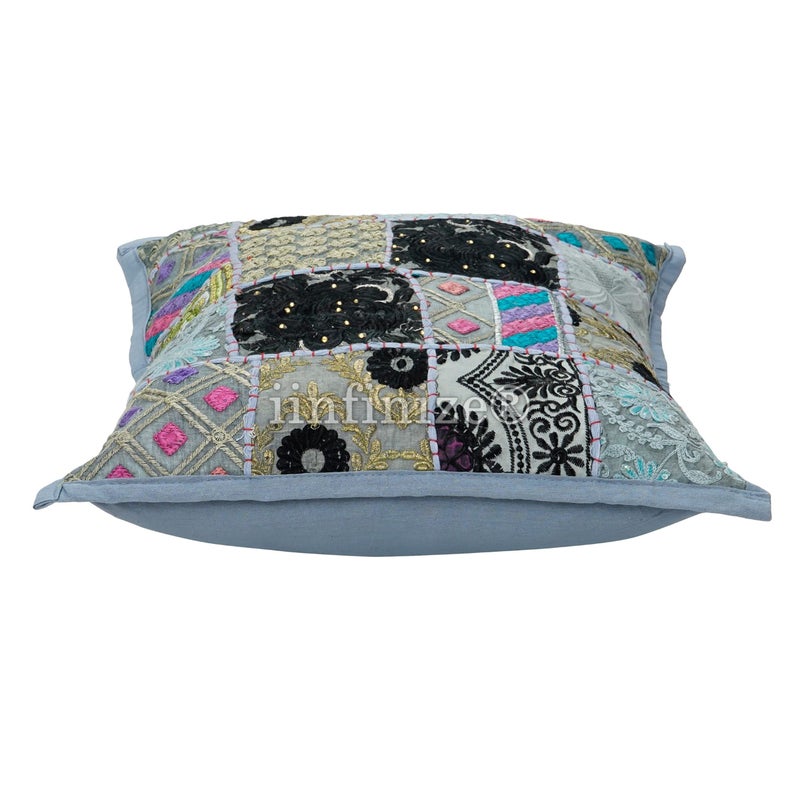 iinfinize 2 Pcs Traditional Patchwork Cushion Cover Hand Embroidery Vintage Cotton Bohemian Stylish Sofa Sham Decorative Indoor Outdoor Decor Pillow Case (24x24 Inch, Grey) - Image 4