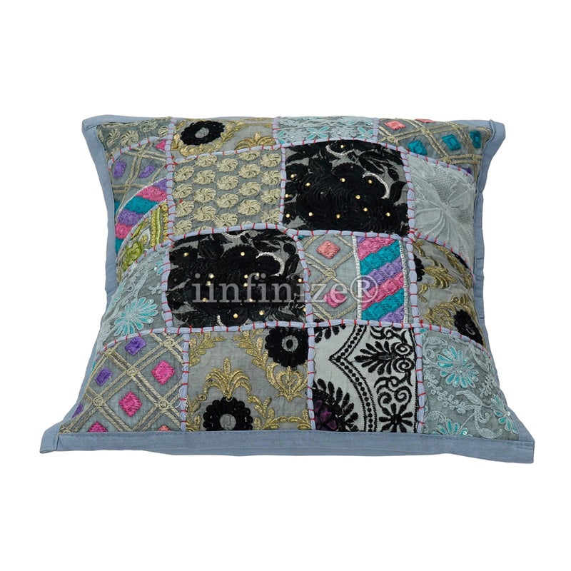iinfinize 2 Pcs Traditional Patchwork Cushion Cover Hand Embroidery Vintage Cotton Bohemian Stylish Sofa Sham Decorative Indoor Outdoor Decor Pillow Case (24x24 Inch, Grey) - Image 3