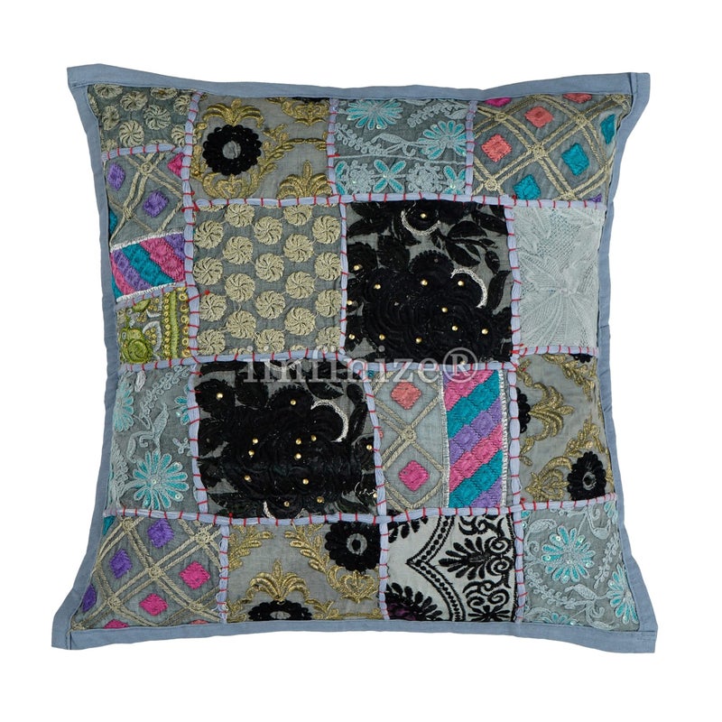 iinfinize 2 Pcs Traditional Patchwork Cushion Cover Hand Embroidery Vintage Cotton Bohemian Stylish Sofa Sham Decorative Indoor Outdoor Decor Pillow Case (24x24 Inch, Grey) - Image 2