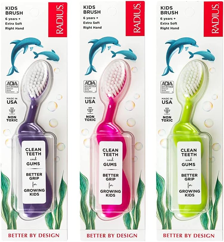 RADIUS Toothbrush Kids Brush Right Hand Assorted Colors 3 Count BPA Free and ADA Accepted Designed for Delicate Teeth and Gums for Children 6 Years and UpMixedKR3 - Image 1