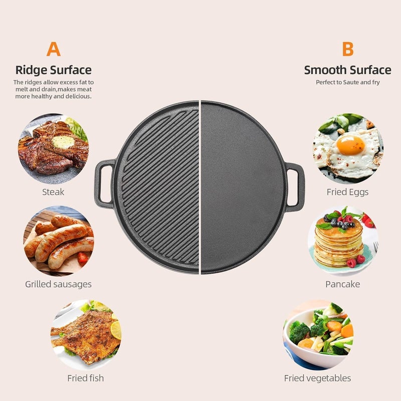 Double-Sided Cast Iron Griddle Pan, Non-Stick Pre-Seasoned Cast Iron Skillet BBQ Grill Plate, 30cm Non-Stick Griddle Pan with Handles for Gas Electric and Oven Safe, Round - Image 2
