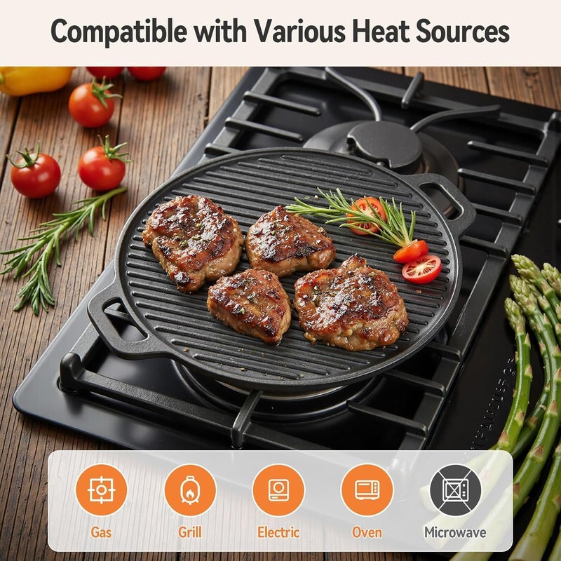 Double-Sided Cast Iron Griddle Pan, Non-Stick Pre-Seasoned Cast Iron Skillet BBQ Grill Plate, 30cm Non-Stick Griddle Pan with Handles for Gas Electric and Oven Safe, Round - Image 4