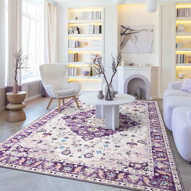 Amearea Vintage Design Area Rugs for Living Room, 4x6 Machine Washable Floral Collection Traditional Bedroom Rug, Low Pile Cute Kids Room Print Carpet, No Slip Office Kitchen Home Decor, Purple - Image 5