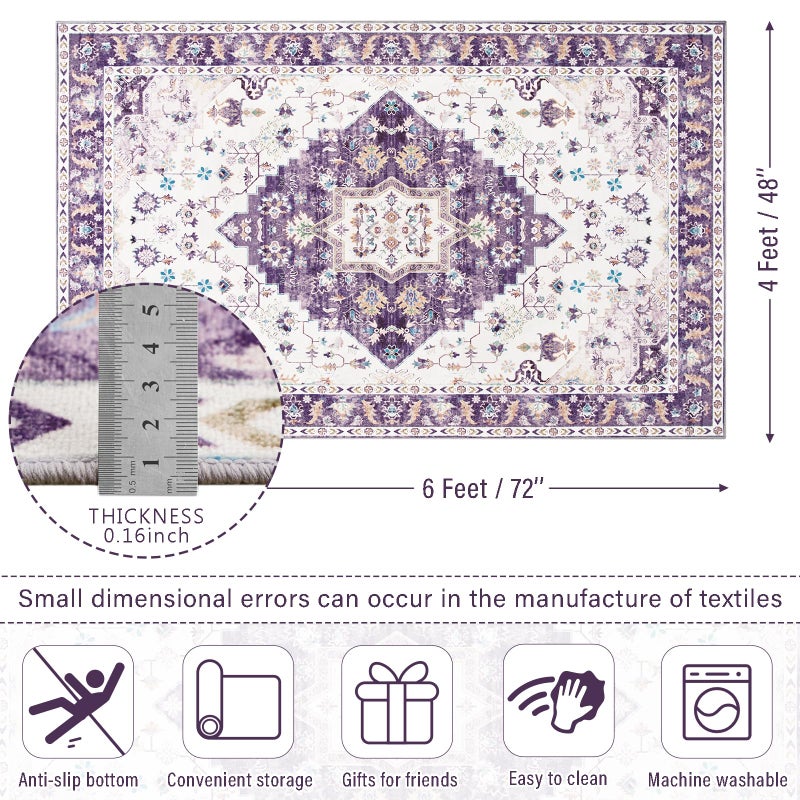 Amearea Vintage Design Area Rugs for Living Room, 4x6 Machine Washable Floral Collection Traditional Bedroom Rug, Low Pile Cute Kids Room Print Carpet, No Slip Office Kitchen Home Decor, Purple - Image 2