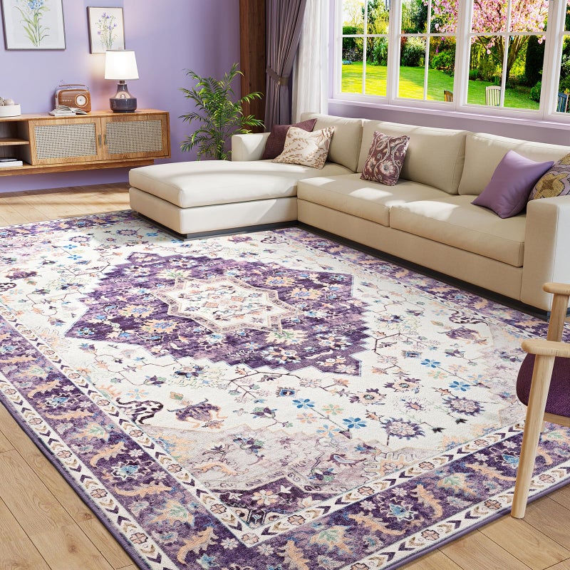 Amearea Vintage Design Area Rugs for Living Room, 4x6 Machine Washable Floral Collection Traditional Bedroom Rug, Low Pile Cute Kids Room Print Carpet, No Slip Office Kitchen Home Decor, Purple - Image 3