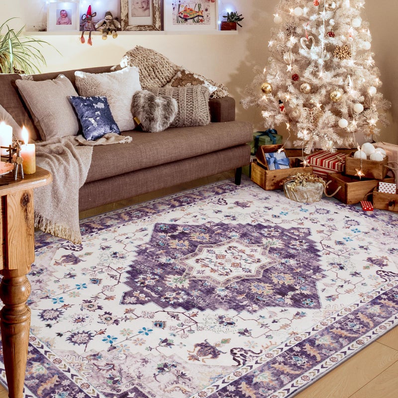 Amearea Vintage Design Area Rugs for Living Room, 4x6 Machine Washable Floral Collection Traditional Bedroom Rug, Low Pile Cute Kids Room Print Carpet, No Slip Office Kitchen Home Decor, Purple - Image 1