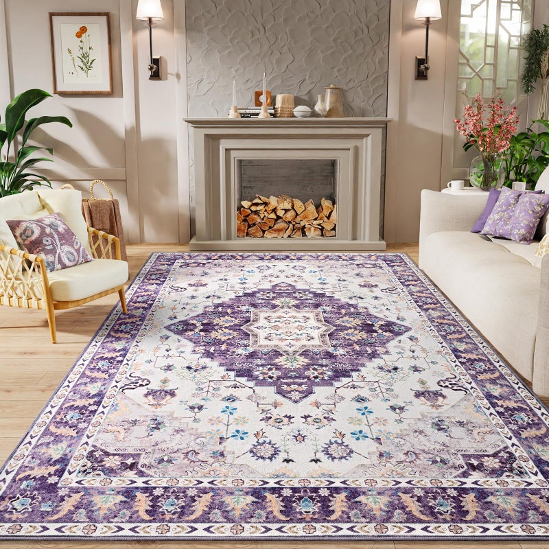 Amearea Vintage Design Area Rugs for Living Room, 4x6 Machine Washable Floral Collection Traditional Bedroom Rug, Low Pile Cute Kids Room Print Carpet, No Slip Office Kitchen Home Decor, Purple - Image 4