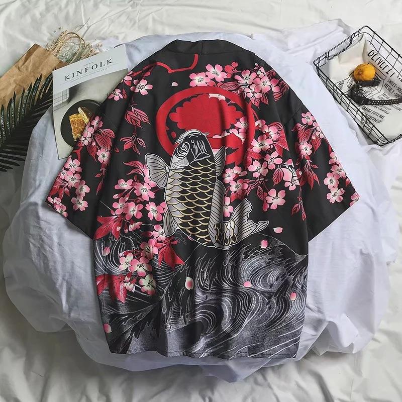Summer Retro Crane Kimono Cardigan Black and Red Koi