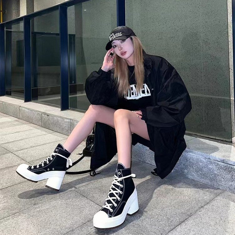 High-Heeled Chunky-Heeled Canvas Shoes Women'S 2025 Spring And Round-Toe Lace-Up All-Match Increased Thick-Soled High-Top Shoes White Shoes - Image 3