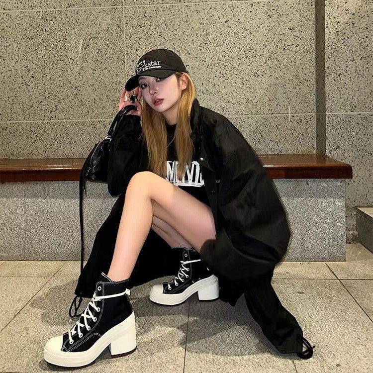 High-Heeled Chunky-Heeled Canvas Shoes Women'S 2025 Spring And Round-Toe Lace-Up All-Match Increased Thick-Soled High-Top Shoes White Shoes - Image 2