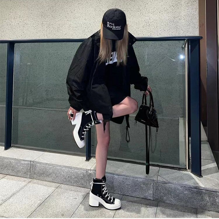 High-Heeled Chunky-Heeled Canvas Shoes Women'S 2025 Spring And Round-Toe Lace-Up All-Match Increased Thick-Soled High-Top Shoes White Shoes - Image 5