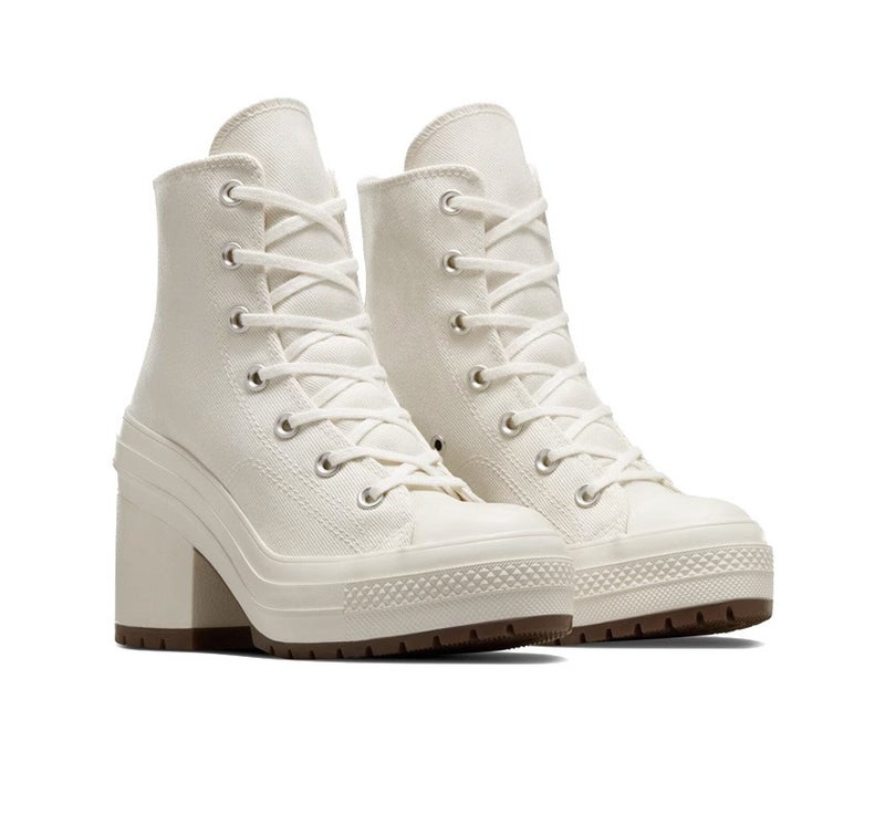 High-Heeled Chunky-Heeled Canvas Shoes Women'S 2025 Spring And Round-Toe Lace-Up All-Match Increased Thick-Soled High-Top Shoes White Shoes - Image 1