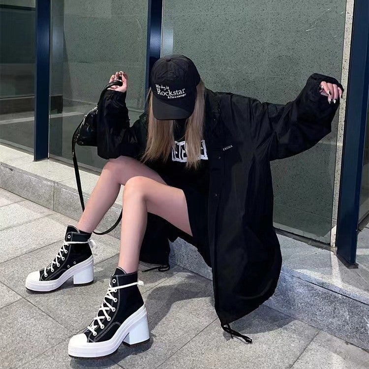 High-Heeled Chunky-Heeled Canvas Shoes Women'S 2025 Spring And Round-Toe Lace-Up All-Match Increased Thick-Soled High-Top Shoes White Shoes - Image 4