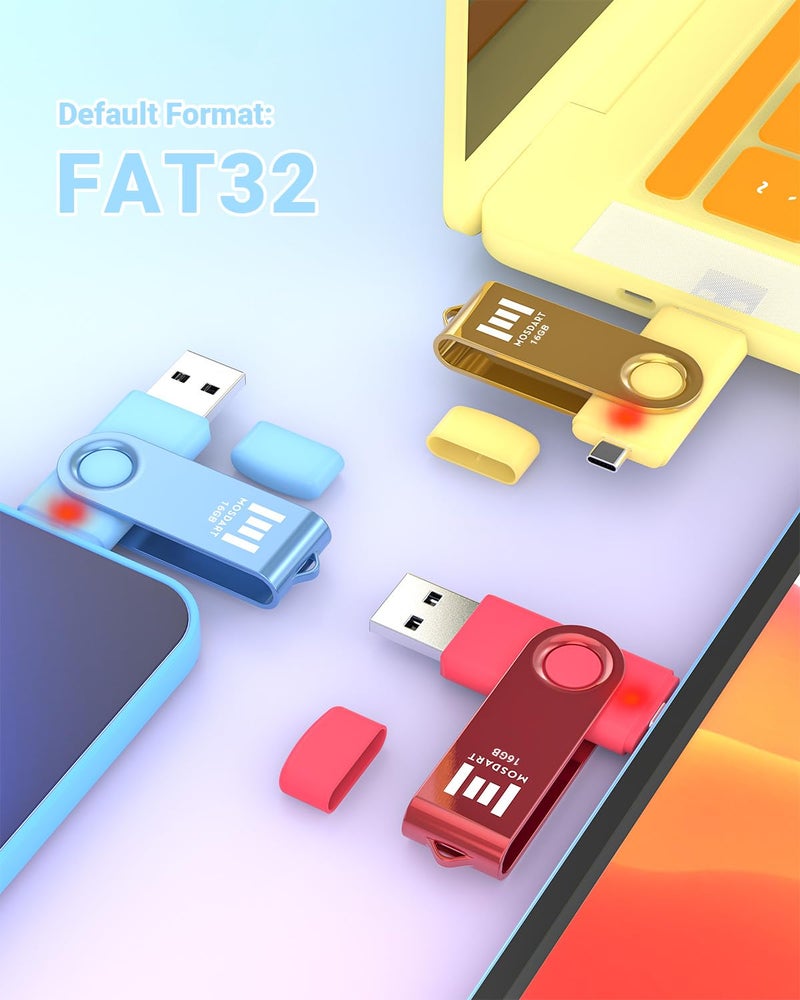 MOSDART 16GB Dual USB C Flash Drive, Type C and USB A 2.0 Thumb Drive, FAT32 Memory Stick for iPhone 15,16,17, Android Phone, iPad, MacBook and Laptops, Vibrant Colors (Pack of 5) - Image 5