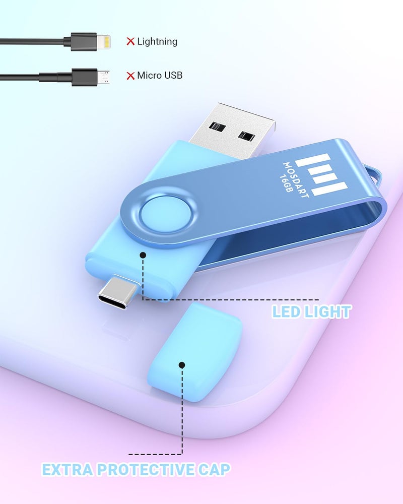 MOSDART 16GB Dual USB C Flash Drive, Type C and USB A 2.0 Thumb Drive, FAT32 Memory Stick for iPhone 15,16,17, Android Phone, iPad, MacBook and Laptops, Vibrant Colors (Pack of 5) - Image 2