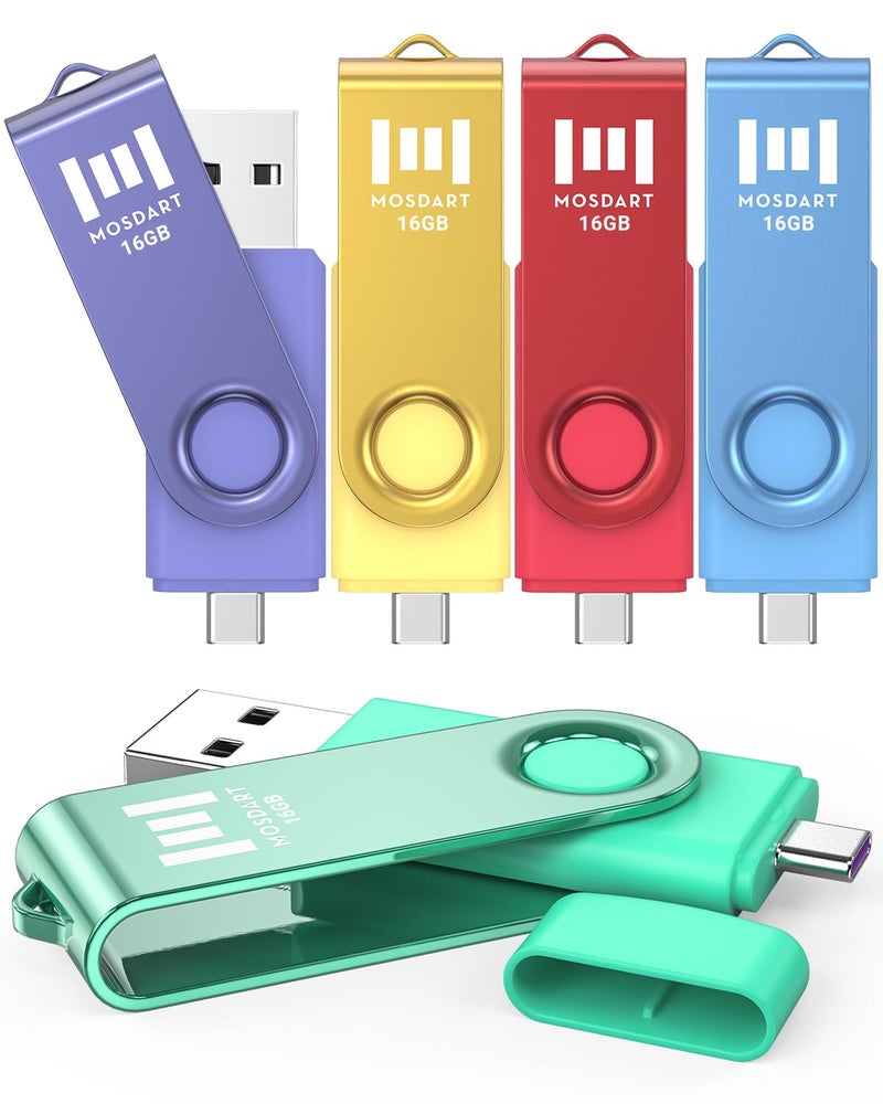 MOSDART 16GB Dual USB C Flash Drive, Type C and USB A 2.0 Thumb Drive, FAT32 Memory Stick for iPhone 15,16,17, Android Phone, iPad, MacBook and Laptops, Vibrant Colors (Pack of 5) - Image 1