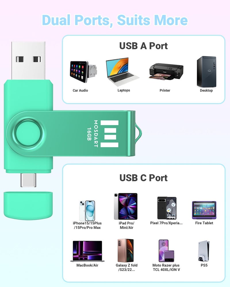 MOSDART 16GB Dual USB C Flash Drive, Type C and USB A 2.0 Thumb Drive, FAT32 Memory Stick for iPhone 15,16,17, Android Phone, iPad, MacBook and Laptops, Vibrant Colors (Pack of 5) - Image 3