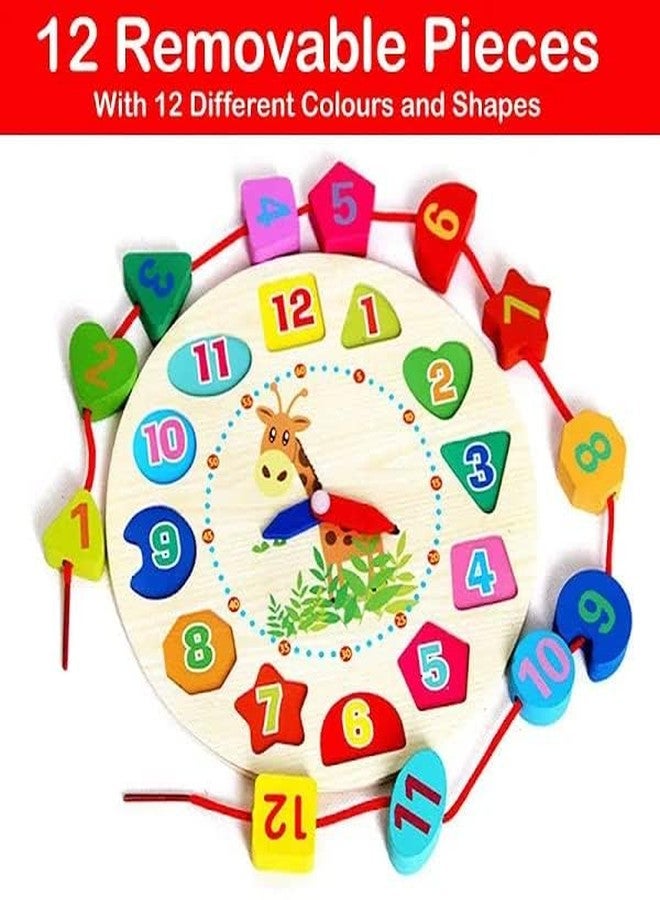 Little Mind Wooden Learning Clock with Bead Lace, Educational Digital Analog Numbers, Shape & Color Learning Montessori Toy for Kids (Pack of 1, Multicolor) - Image 3