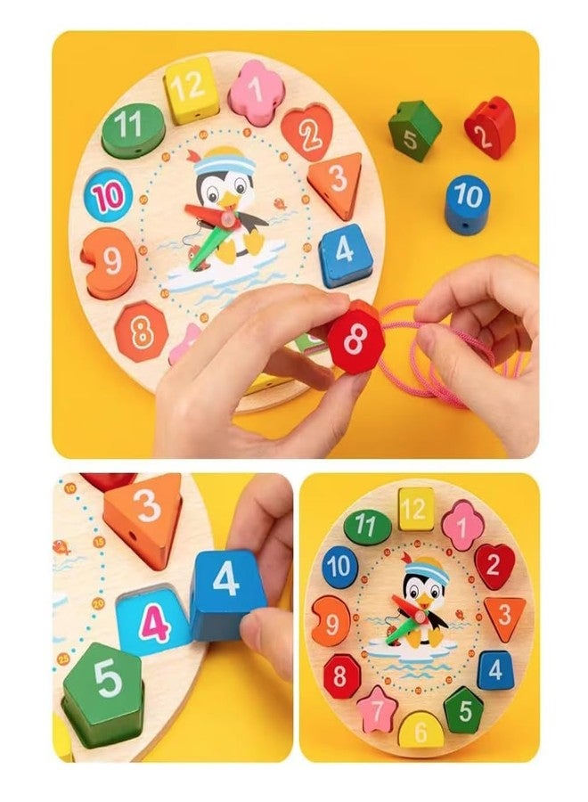 Little Mind Wooden Learning Clock with Bead Lace, Educational Digital Analog Numbers, Shape & Color Learning Montessori Toy for Kids (Pack of 1, Multicolor) - Image 4