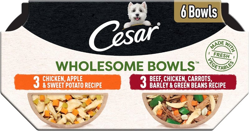 سيزار طعام الكلاب الرطب البالغ من سيزر "Wholesome Bowls"، وصفة لحم البقر والدجاج والجزر والشعير والفاصوليا الخضراء ووصفة الدجاج والتفاح والبطاطا الحلوة، عبوة متنوعة، 3 أونصات (6 عبوات، عبوة واحدة) - Image 1