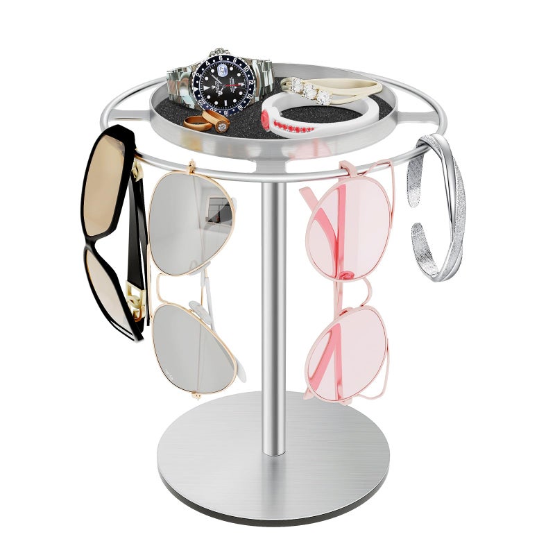 LSK Metal Sunglasses Organizer, Glasses Holder Stand with Storage Tray, Eyeglasses Holder with Anti-Slip Pads for Tabletop, Desk, Dresser, Brushed Nickel - Image 1