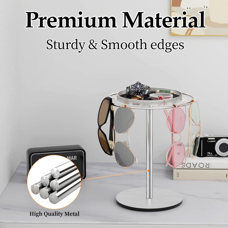 LSK Metal Sunglasses Organizer, Glasses Holder Stand with Storage Tray, Eyeglasses Holder with Anti-Slip Pads for Tabletop, Desk, Dresser, Brushed Nickel - Image 2