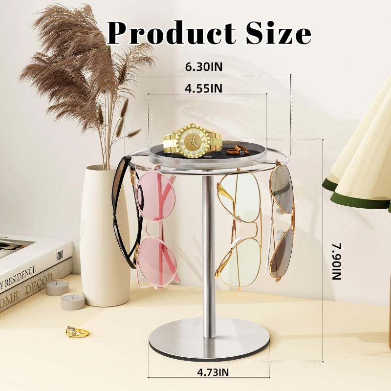 LSK Metal Sunglasses Organizer, Glasses Holder Stand with Storage Tray, Eyeglasses Holder with Anti-Slip Pads for Tabletop, Desk, Dresser, Brushed Nickel - Image 5