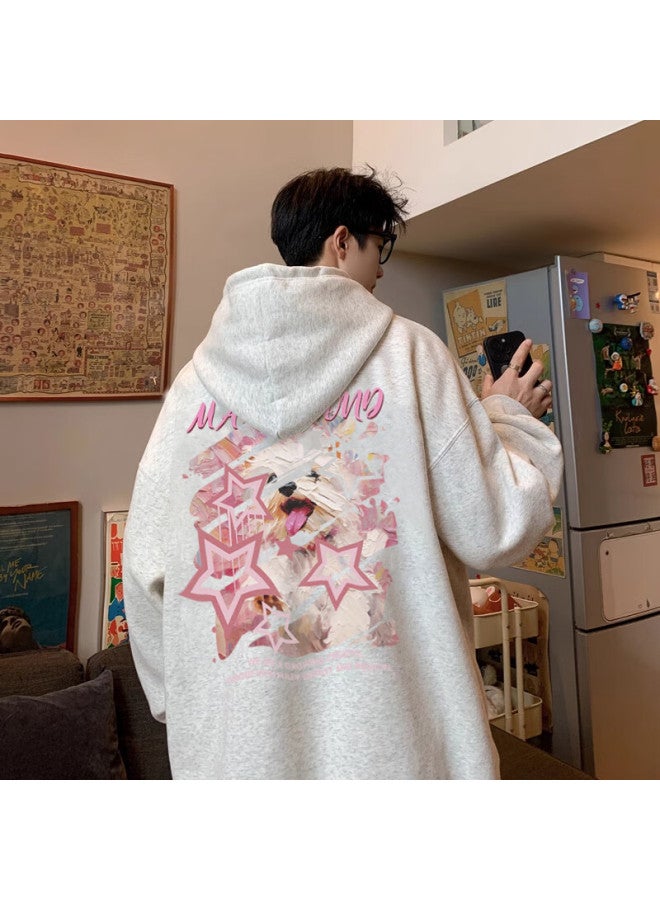 Maybeyond Trendy Men's Hoodie Autumn Winter Lazy Style Couple Loose Fit Hooded Sweatshirt Ma48 White Flower Gray M - Image 1