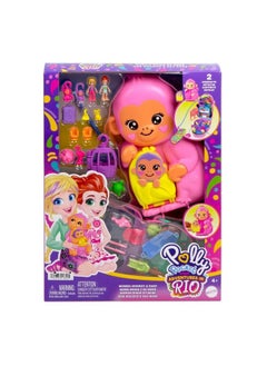 Polly Pocket Dolls & Playset With Pets & 13 Accessories, 2-In-1 Momma Monkey & Baby Wearable Purse & Animal Toy  - Image 1