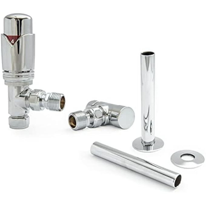 CHROME MARELLA MODERN THERMOSTATIC RADIATOR VALVE ANGLED TRV. INCLUDES ANGLED TRV BODY, WHEEL HEAD, LOCK SHIELD & PIPE SLEEVE FOR QUICK & EASY TEMPERATURE CONTROL. - Image 2