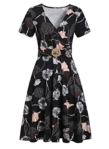 HELYO Women's Elegant Criss-Cross V Neck Vintage Short Sleeve Work Casual Party Swing Tea Dress with Pockets 980 (XXL, Black Floral) - Image 2