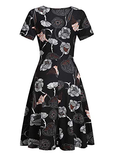 HELYO Women's Elegant Criss-Cross V Neck Vintage Short Sleeve Work Casual Party Swing Tea Dress with Pockets 980 (XXL, Black Floral) - Image 3