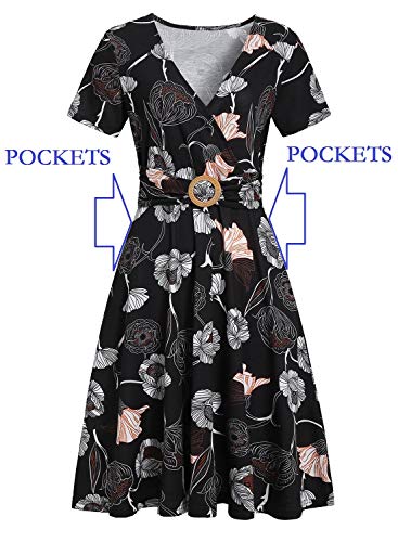 HELYO Women's Elegant Criss-Cross V Neck Vintage Short Sleeve Work Casual Party Swing Tea Dress with Pockets 980 (XXL, Black Floral) - Image 5