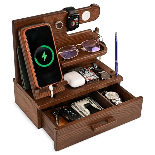 TESLYAR Wood Phone Docking Station with Drawer - Nightstand Organizer - Desk Organizer for Husband - Birthday Gifts for Men, Dad, Anniversary Idea, Key Holder Stand Watch & Accessories (Bourbon Brown) - Image 1