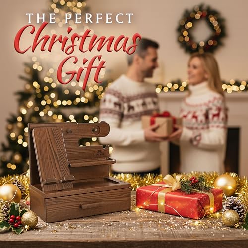 TESLYAR Wood Phone Docking Station with Drawer - Nightstand Organizer - Desk Organizer for Husband - Birthday Gifts for Men, Dad, Anniversary Idea, Key Holder Stand Watch & Accessories (Bourbon Brown) - Image 3
